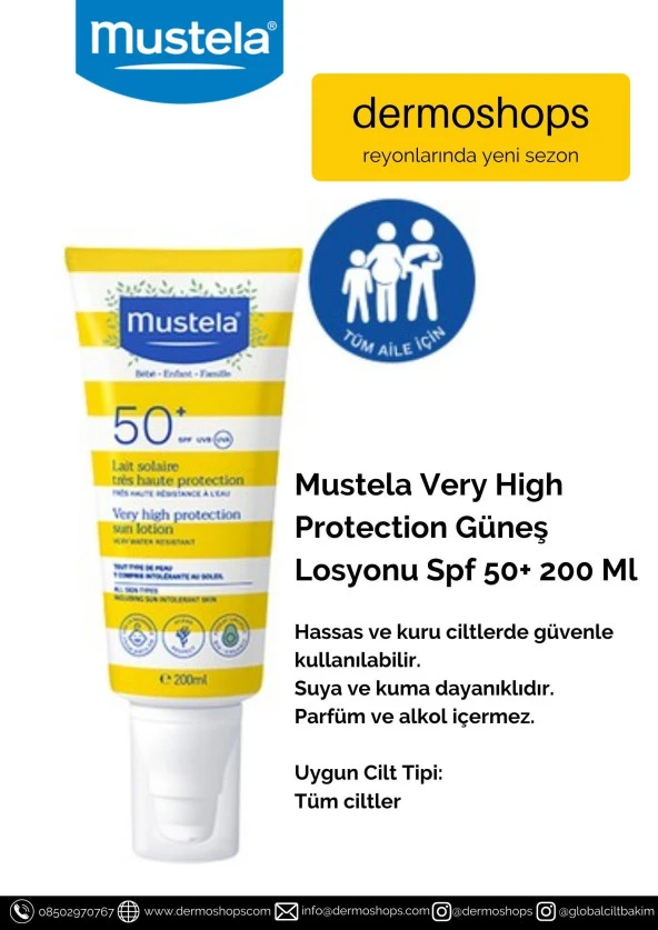 Mustela Yüksek Koruma Faktörlü Güneş Losyonu Tüm Aile İçin SPF50+ 200 ml