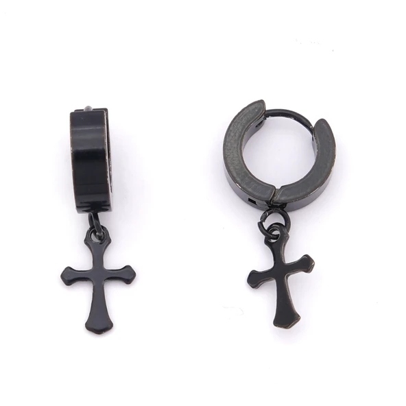 Çelik Halka Küpe Siyah Haç Model Sallantılı Küpe UNK-695 ürün görseli
