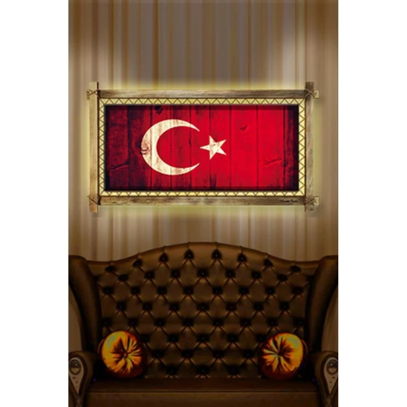 Kanvas Türk Bayrağı Led Işıklı Rustik Tablo