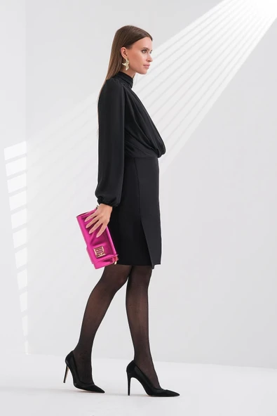 Explosion Minimalist Boğazlı Uzun Kol Mini Abiye Elbise - Şık ve Modern - Resim 3