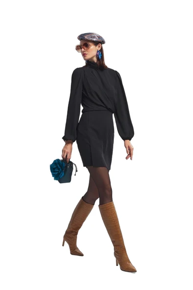 Explosion Minimalist Boğazlı Uzun Kol Mini Abiye Elbise - Şık ve Modern - Resim 2