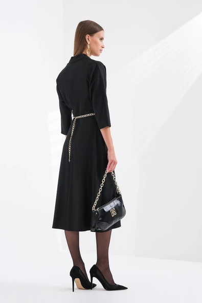 Explosion V Yaka Midi Abiye Elbise - Minimalist Tarz - 8