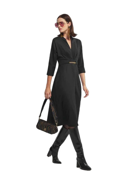 Explosion V Yaka Midi Abiye Elbise - Minimalist Tarz - 6