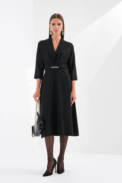 Explosion V Yaka Midi Abiye Elbise - Minimalist Tarz - 9