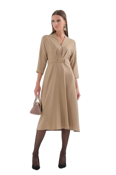 Explosion V Yaka Midi Abiye Elbise - Minimalist Tarz