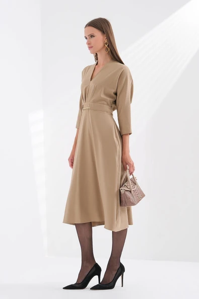 Explosion V Yaka Midi Abiye Elbise - Minimalist Tarz - 2