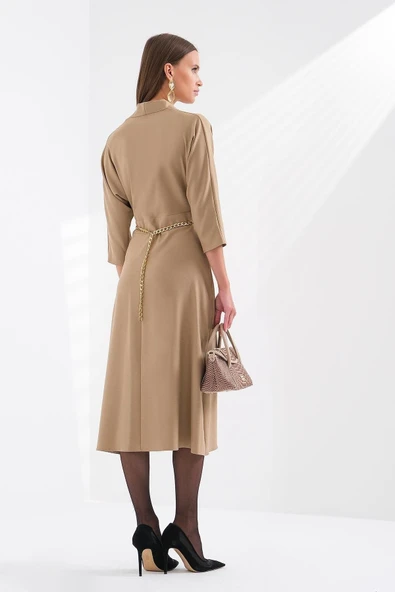 Explosion V Yaka Midi Abiye Elbise - Minimalist Tarz - 4