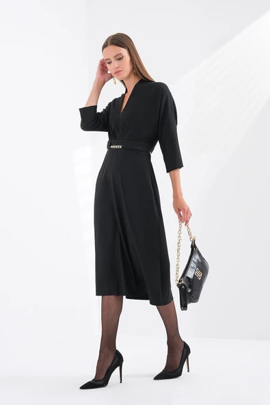 Explosion V Yaka Midi Abiye Elbise - Minimalist Tarz - 7