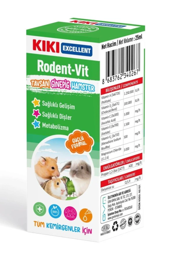 Kiki Excellent Kemirgen Rodent-vit - Guinega Pig, Hamster, Tavşanlar Için Vitamin - Multivitamin Etkili - 25 Ml.