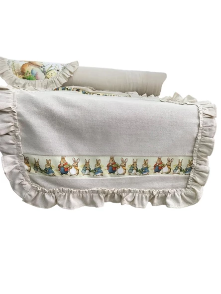 Keten, Bohem, Fırfırlı, Vintage, 4 Adet Amerikan Servis ve Fırfırlı Runner Tavşan Set - Resim 2