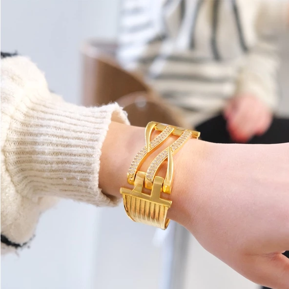 Kaburga Bilezik 22 Ayar Altın Kaplama Hasır Kelepçe BLZ-538 - Resim 4