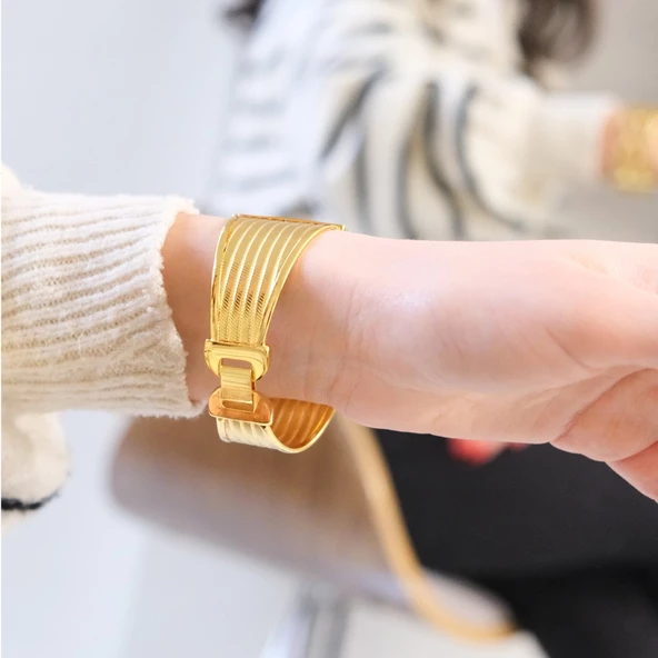 Kaburga Bilezik 22 Ayar Altın Kaplama Hasır Kelepçe BLZ-538 - Resim 6