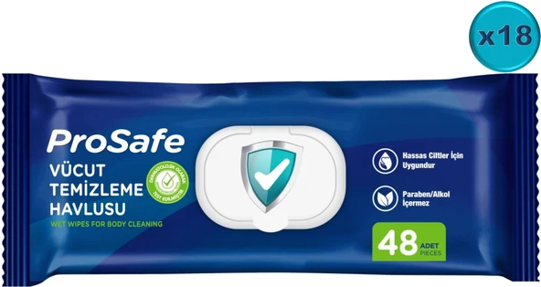 Prosafe Hasta Vücut Temizleme Islak Mendil Havlu 48 Yaprak XL (18 Li Set) Plastik Kapak