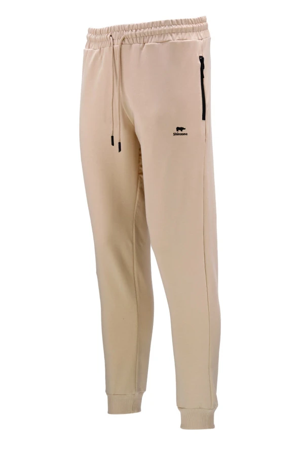 Erkek Düz Paça Mevsimlik Lastikli Bej Eşofman Altı