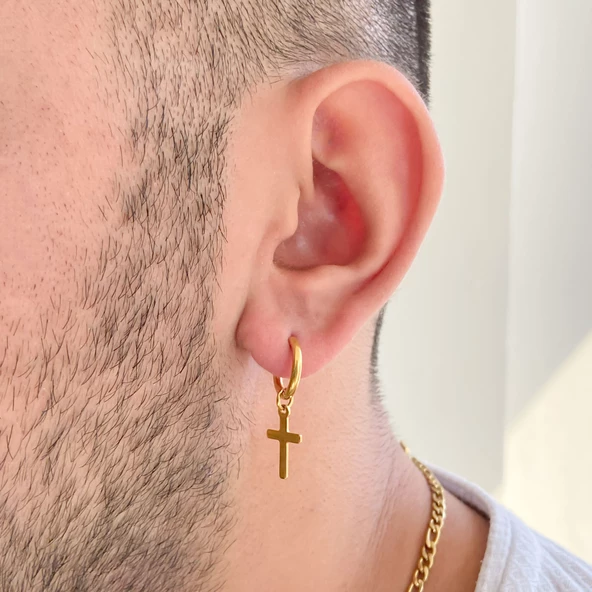 Çelik Sallantılı Küpe Altın Kaplama Haç Model Küpe UNK-692 - 2