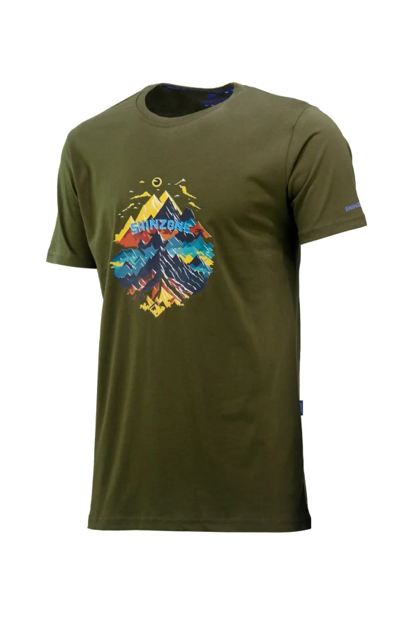 Erkek Bisiklet Yaka Mevsimlik Göğüs Baskılı Standart Fit Haki T-Shirt ürün görseli 1