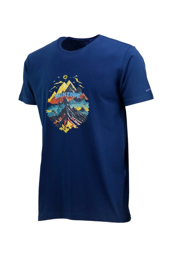 Erkek Bisiklet Yaka Mevsimlik Göğüs Baskılı Standart Fit İndigo T-Shirt ürün görseli 1