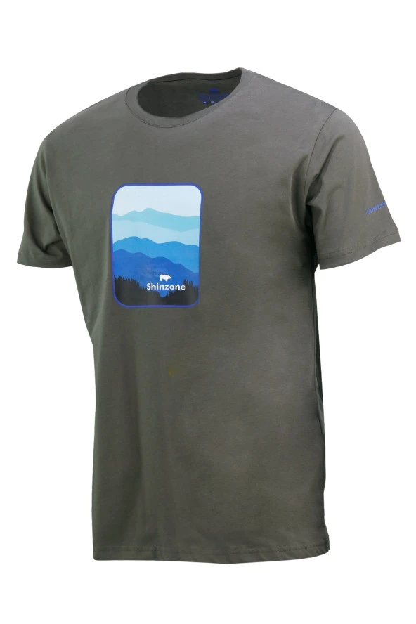 Erkek Bisiklet Yaka Yazlık Göğüs Baskılı Standart Fit Haki T-Shirt