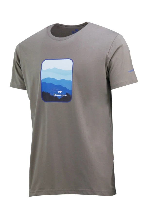 Erkek Bisiklet Yaka Yazlık Göğüs Baskılı Standart Fit Vizon T-Shirt