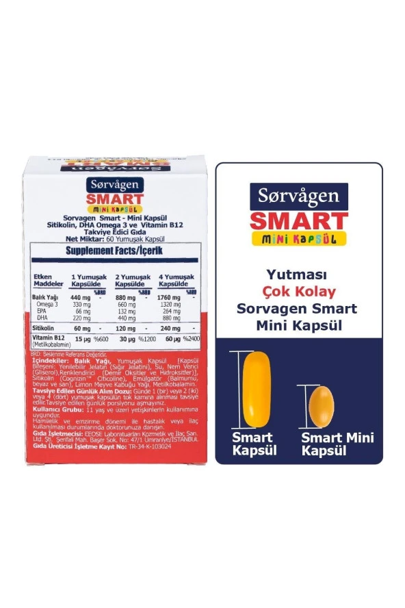 Sorvagen Smart Mini Kapsül Sitikolin, Dha Omega 3 Ve B12 - 60 Kapsül - 2
