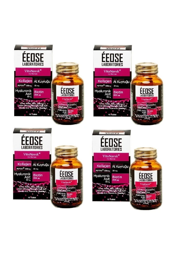 EEOSE Collagen Tablet ( Kollajen + Hyaluronik Asit + Atkuyruğu + Biotin + C Vitamini) 45 Tablet- 4 Adet