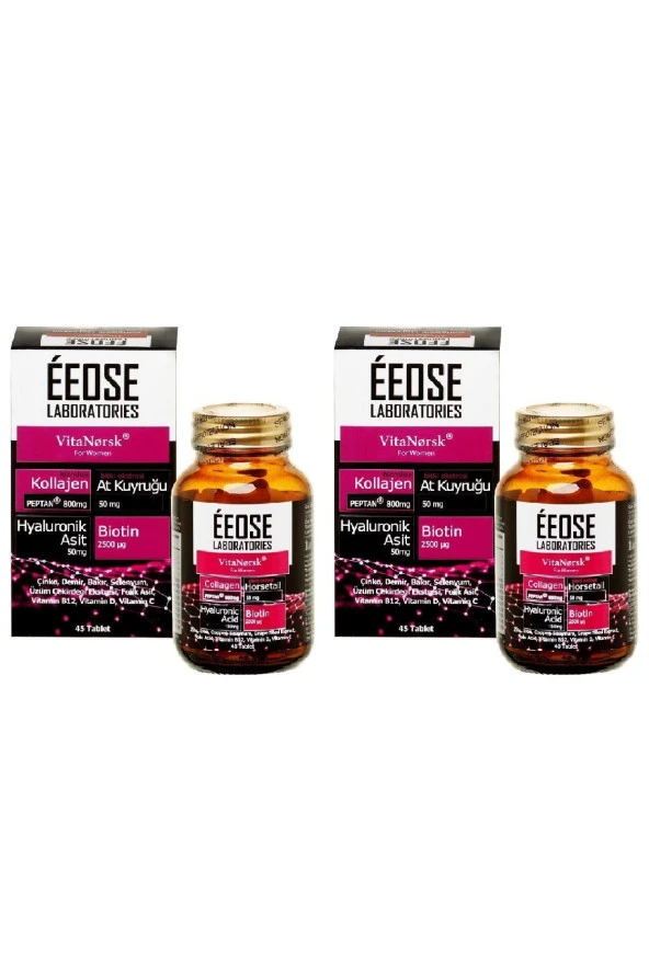 EEOSE Kollajen  Tablet + Hyaluronik Asit + At Kuyruğu + Biotin + C Vitamini 45 Tablet X 2 Adet