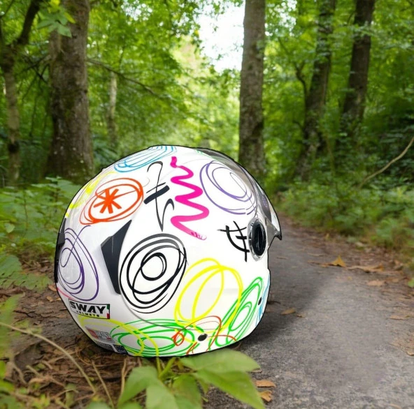 Sway 715 Şeffaf Vizörlü Yarım Motosiklet Scooter Kaskı S Beden White Flower - 3