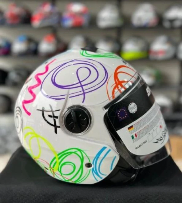 Sway 715 Şeffaf Vizörlü Yarım Motosiklet Scooter Kaskı S Beden White Flower - 8