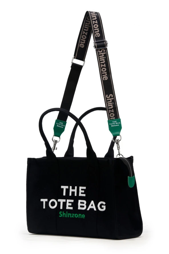 Kadın Soft Tote Bag Kanvas Siyah Yeşil Çanta - 3