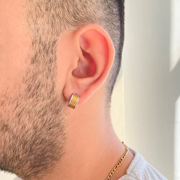 Altın Kaplama Halka Küpe Çift Renk Kalın Model UNK-700 - Resim 2