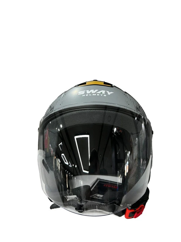 Sway 715 Şeffaf Vizörlü Yarım Motosiklet Scooter Kaskı S Beden Black Grey - 9
