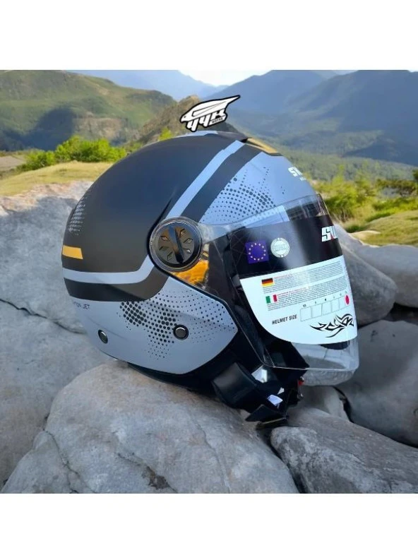 Sway 715 Şeffaf Vizörlü Yarım Motosiklet Scooter Kaskı S Beden Black Grey - 10