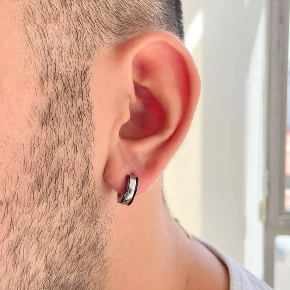 Çelik Halak Küpe Siyah Detaylı Çift Renk 5mm Halka Küpe UNK-701 - Resim 3