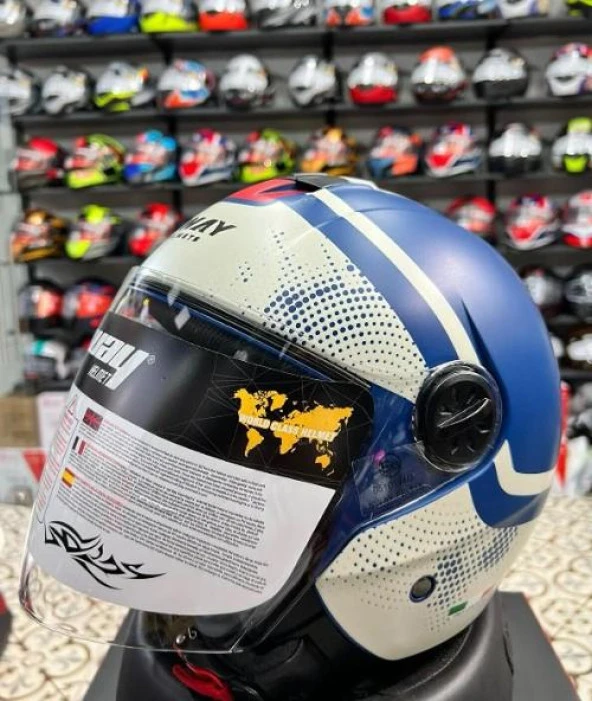 Sway 715 Şeffaf Vizörlü Yarım Motosiklet Scooter Kaskı L Beden Blue Beıge - 3