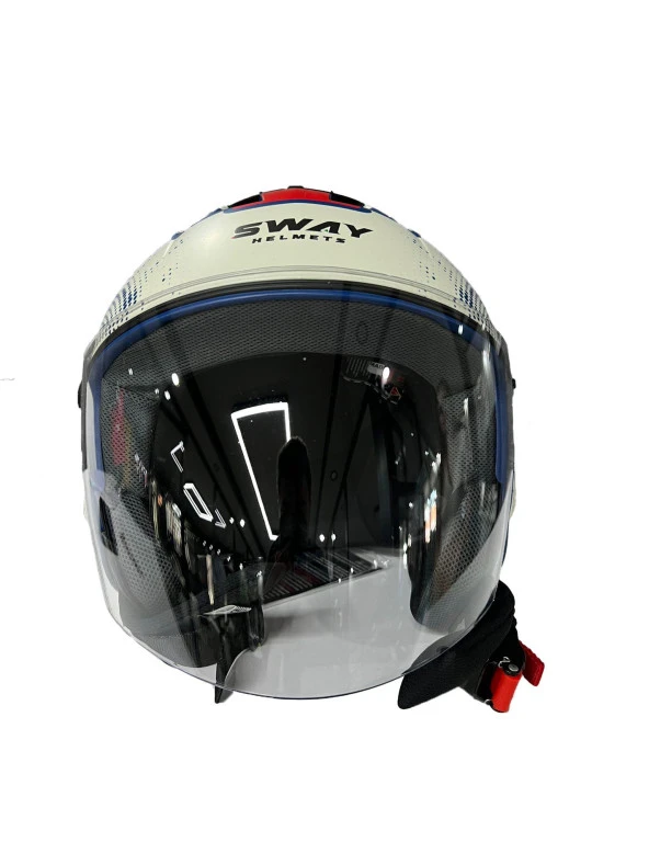 Sway 715 Şeffaf Vizörlü Yarım Motosiklet Scooter Kaskı L Beden Blue Beıge - 9