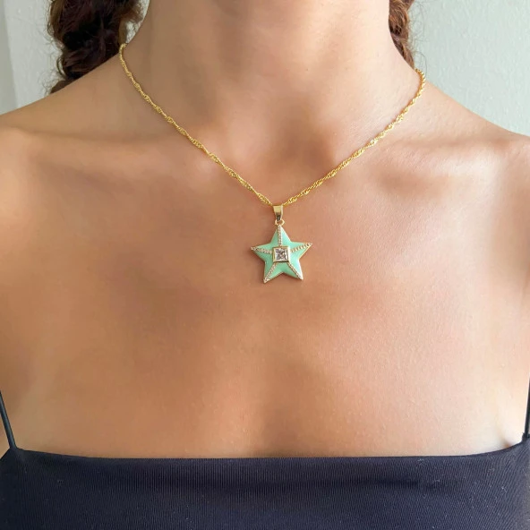 FerizZ Altın Kaplama Zirkon Taşlı Yeşil Yıldız Kolye Ucu TGR-515 - Resim 2