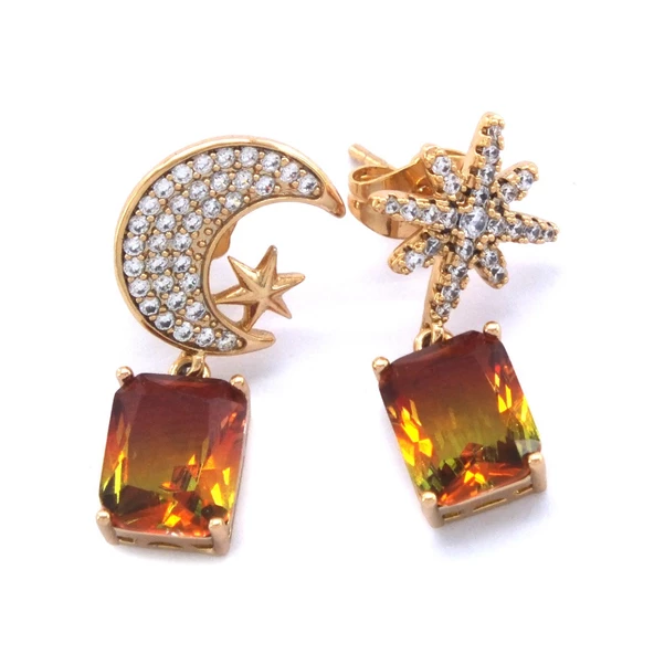 Altın Kaplama Küpe Ay Yıldız Renkli Taşlı Sallantılı Küpe UNK-649 - Resim 6