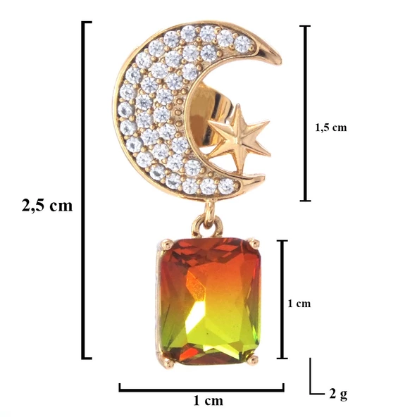 Altın Kaplama Küpe Ay Yıldız Renkli Taşlı Sallantılı Küpe UNK-649 - Resim 4