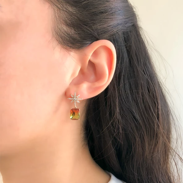 Altın Kaplama Küpe Ay Yıldız Renkli Taşlı Sallantılı Küpe UNK-649 - Resim 3