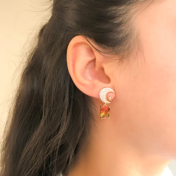 Altın Kaplama Küpe Ay Yıldız Renkli Taşlı Sallantılı Küpe UNK-649 - Resim 2