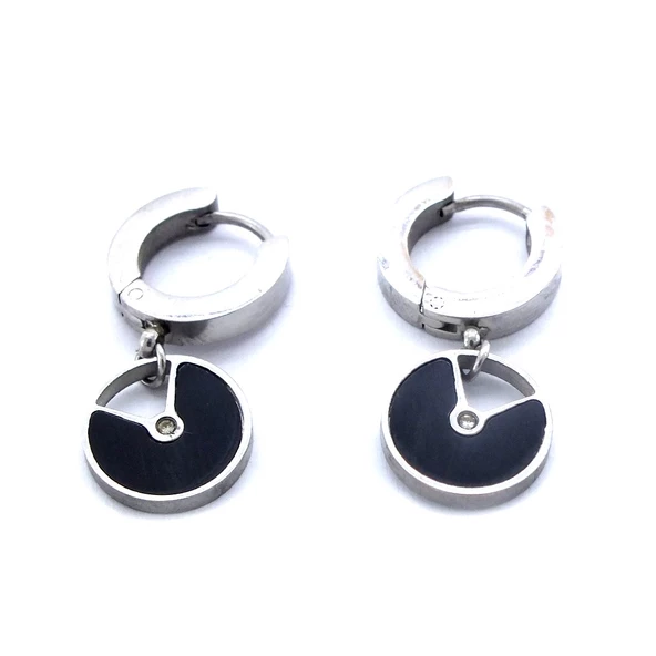 Çelik Sallantılı Küpe Siyah Taşlı Halka Küpe UNK-585 - Resim 4