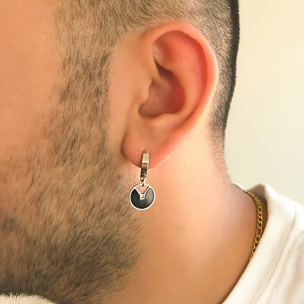 Çelik Sallantılı Küpe Siyah Taşlı Halka Küpe UNK-585 - Resim 2