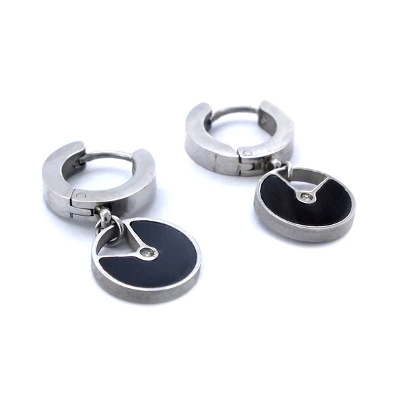 Çelik Sallantılı Küpe Siyah Taşlı Halka Küpe UNK-585 - Resim 5