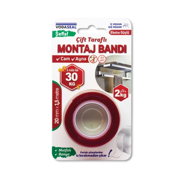 Vodaseal Ekstra Güçlü Çift Taraflı Montaj Bantı Şeffaf 20 mm x 1,5 mt - 2