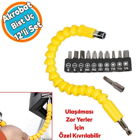 Vida Sıkma Sökme Akrobat Kıvrılabilir Eğilebilir Bits Uç Vidalama Torx Yıldız Düz Uçlar 12 Parça