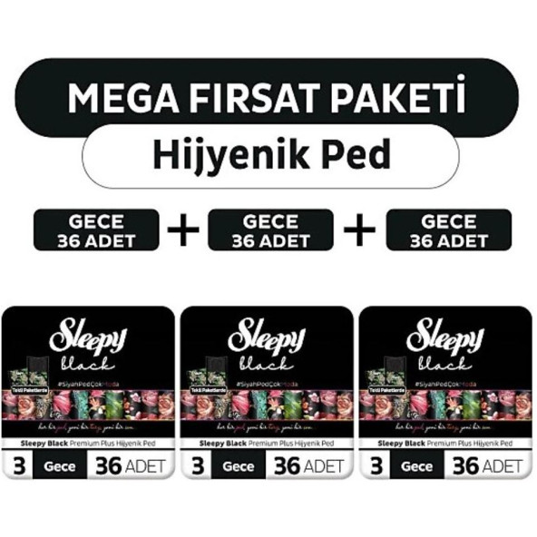 Sleepy Black Premium Plus Hijyenik Ped Mega Fırsat Paketi Gece 108 Adet