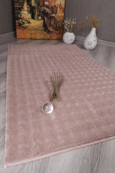 Dekoratif Bubble Uzun Tüylü Yumuşak Puffy Peluş Kaymaz Yıkanabilir Salon Antre Halı Yolluk Pembe - 2
