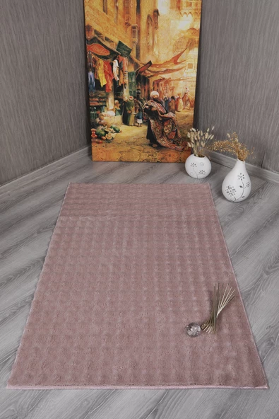 Dekoratif Bubble Uzun Tüylü Yumuşak Puffy Peluş Kaymaz Yıkanabilir Salon Antre Halı Yolluk Pembe - 3