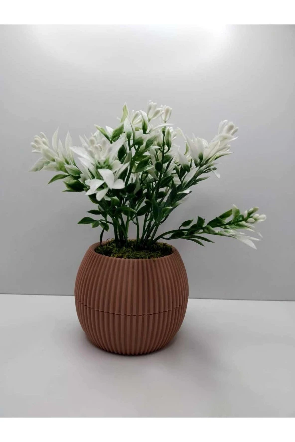 HN- Soft Pembe Saksı Yeşil Beyaz Yapay Bitki Garnitür Taş Yosunlu 17 Cm Dekoratif Masa Çiçeği No:1