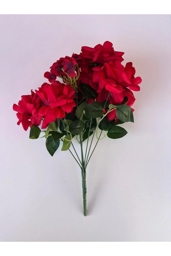 HN- Kırmızı Açmış Büyük Gül Demeti 9lu Yapay Çiçek Tek Parça 9 Dal 1 . Kalite Kumaş Yapraklı